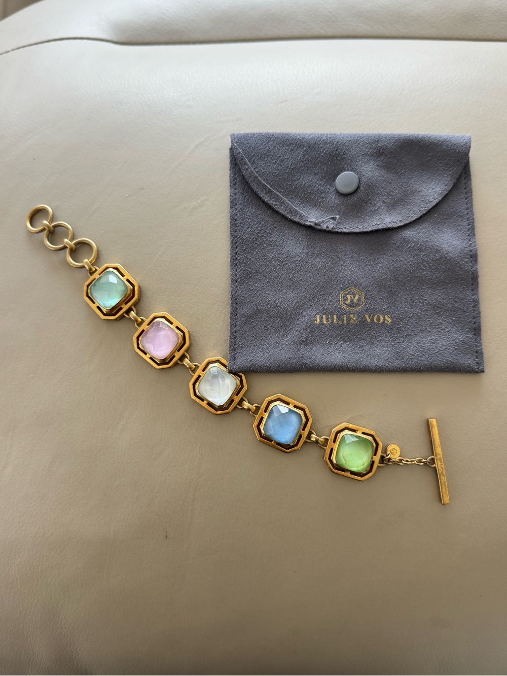 Julie Vos Gold Bracelet with Pastel Blue, Green, Pink, and White Stones